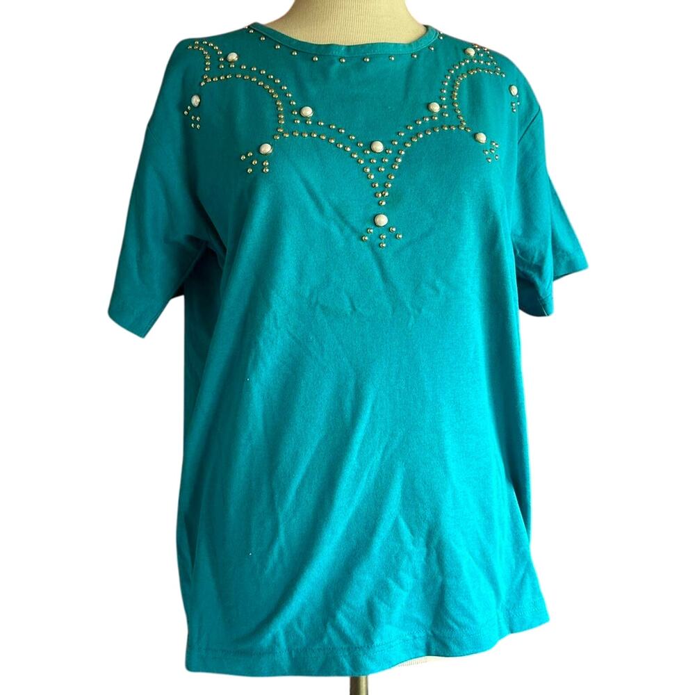 Vintage Top Womens Size Large Blue Western Retro Rhinestones Rodeo Cowgirl Work